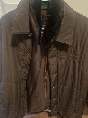 SEBAGO Dark  Brown Quilted Men's Jacket Coat  with Faux Fur Collar Large